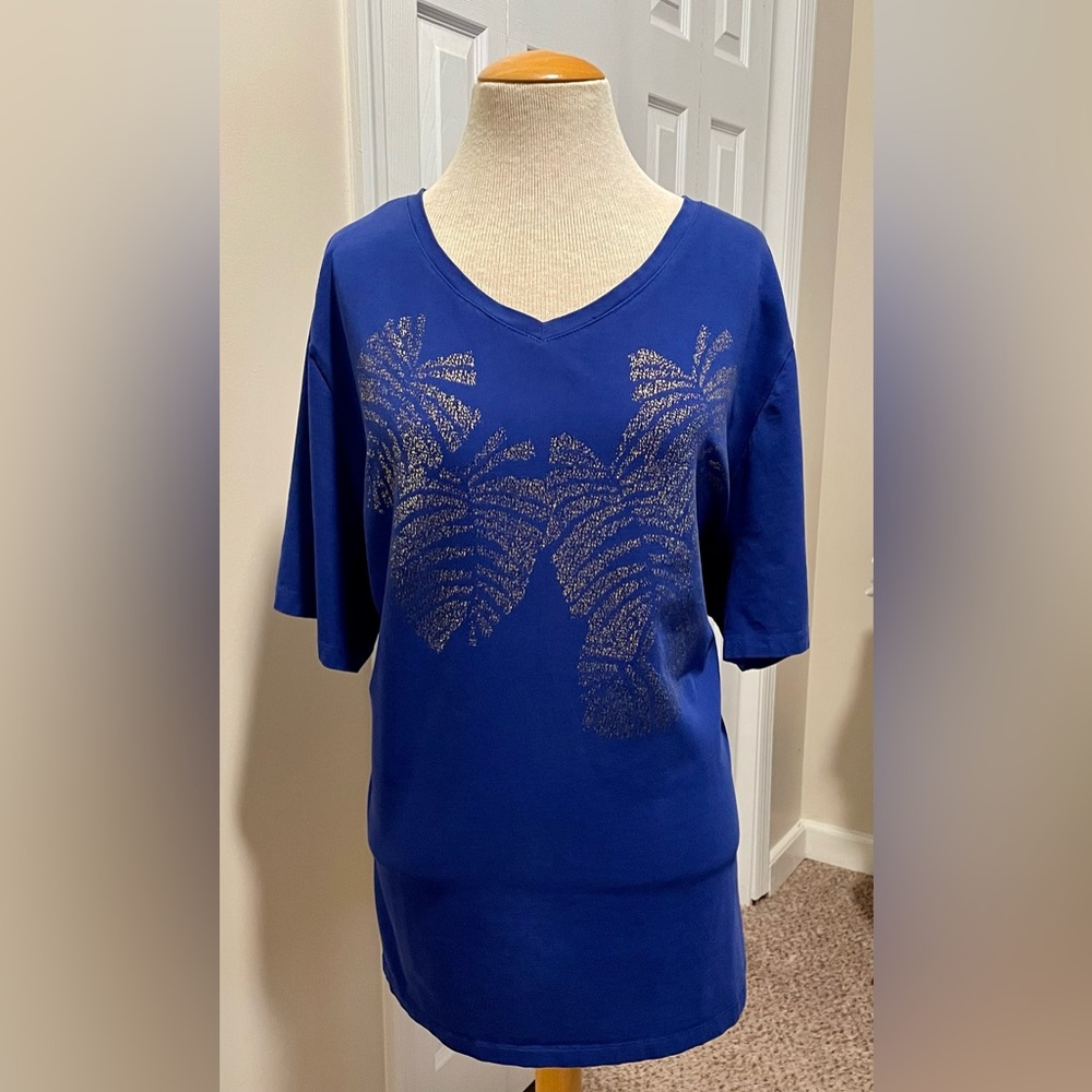Catherines Liz & Me Royal Blue Tropical V Neck Top